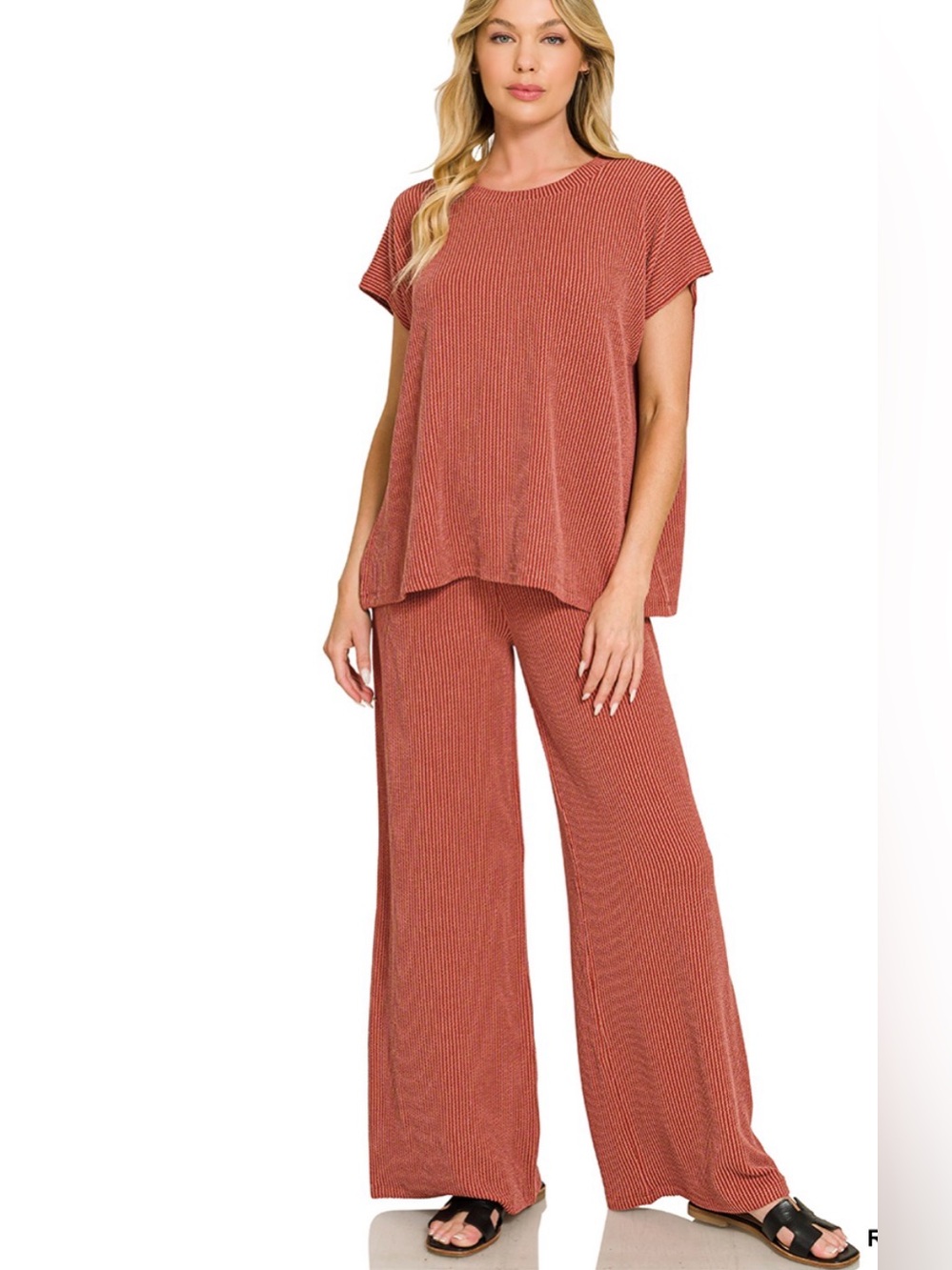 Zenana Relaxed Rust Color Ribbed Two-Piece Set Women’s NEW Sz Large